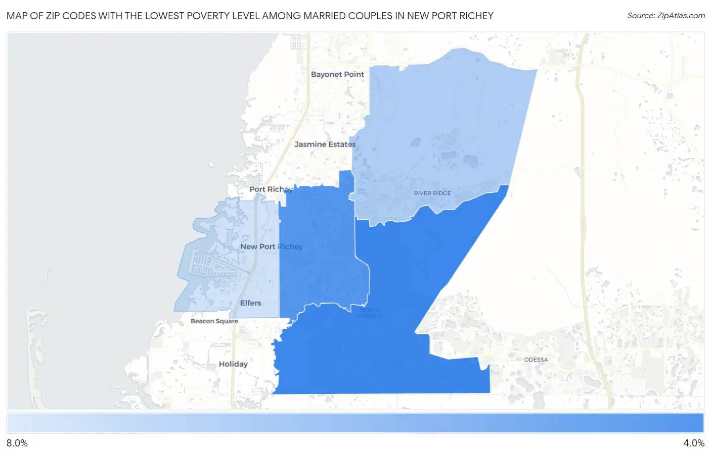 Zip Codes with the Lowest Poverty Level Among Married Couples in New Port Richey Map