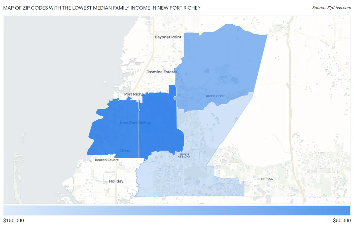 Zip Codes with the Lowest Median Family Income in New Port Richey Map