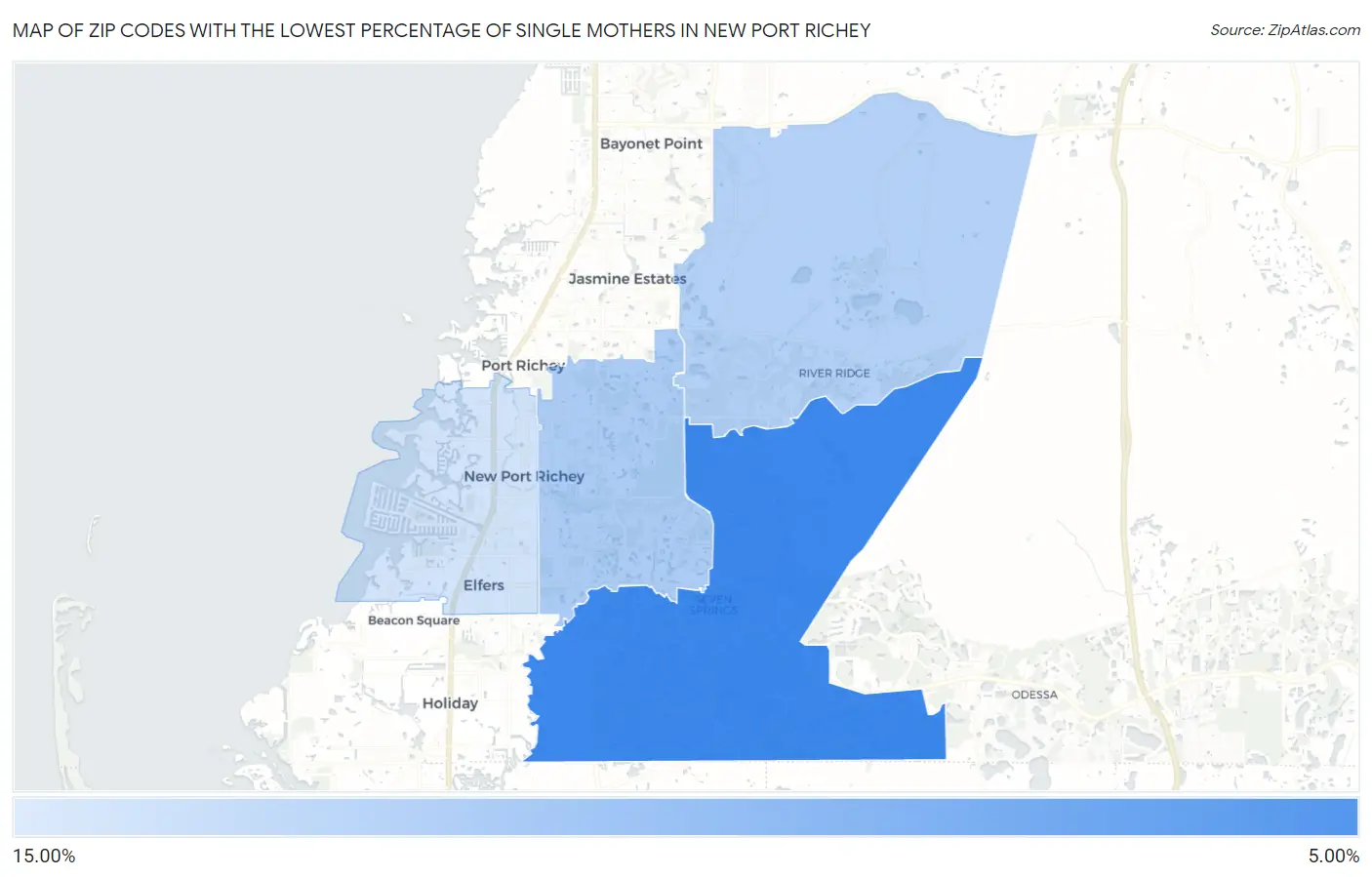 Zip Codes with the Lowest Percentage of Single Mothers in New Port Richey Map