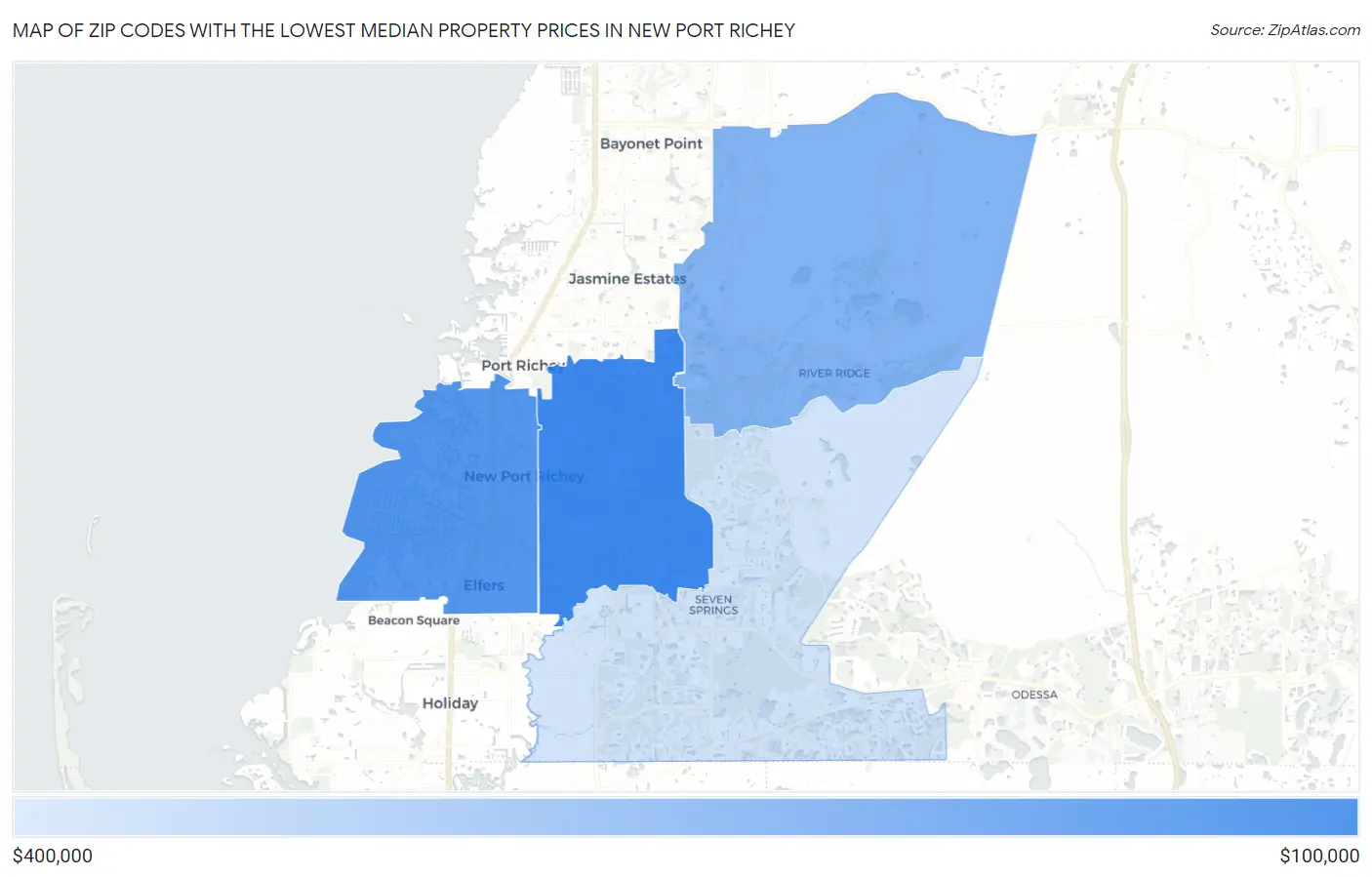 Zip Codes with the Lowest Median Property Prices in New Port Richey Map