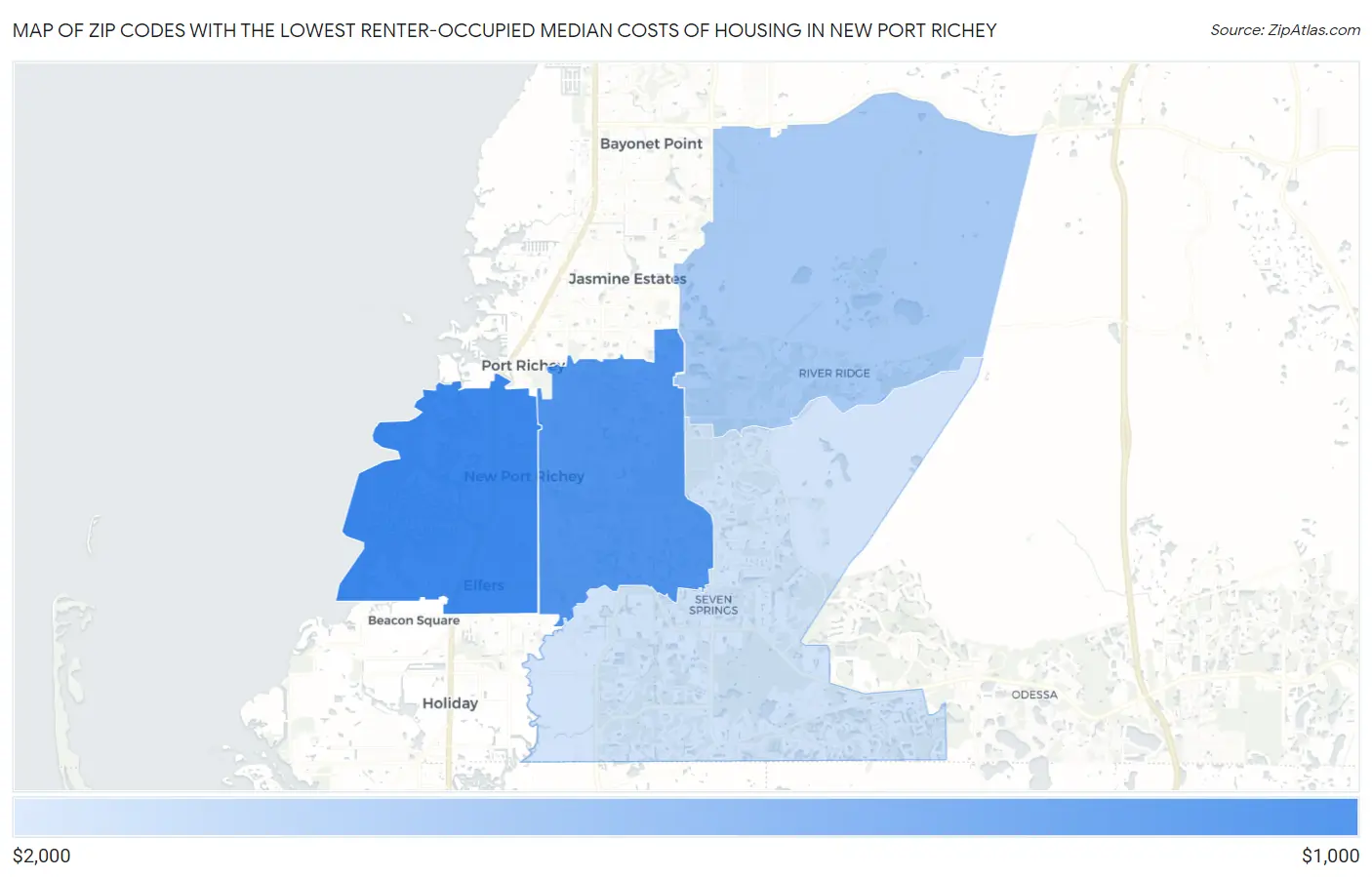 Zip Codes with the Lowest Renter-Occupied Median Costs of Housing in New Port Richey Map