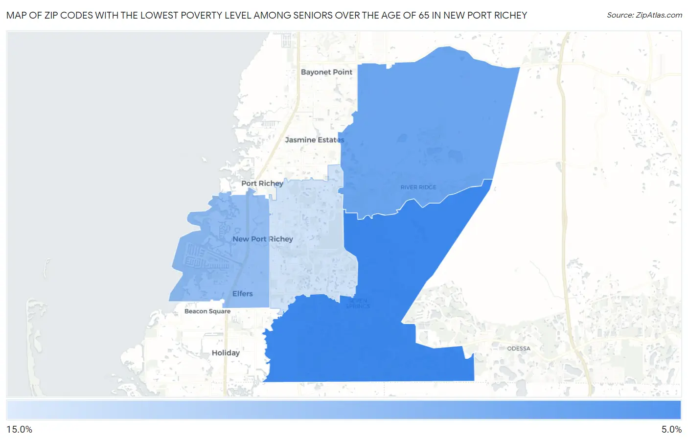 Zip Codes with the Lowest Poverty Level Among Seniors Over the Age of 65 in New Port Richey Map