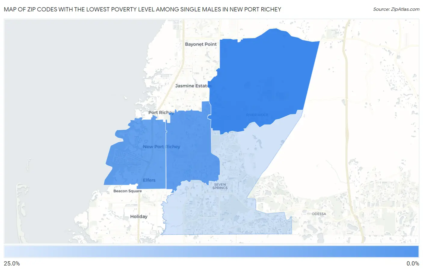 Zip Codes with the Lowest Poverty Level Among Single Males in New Port Richey Map
