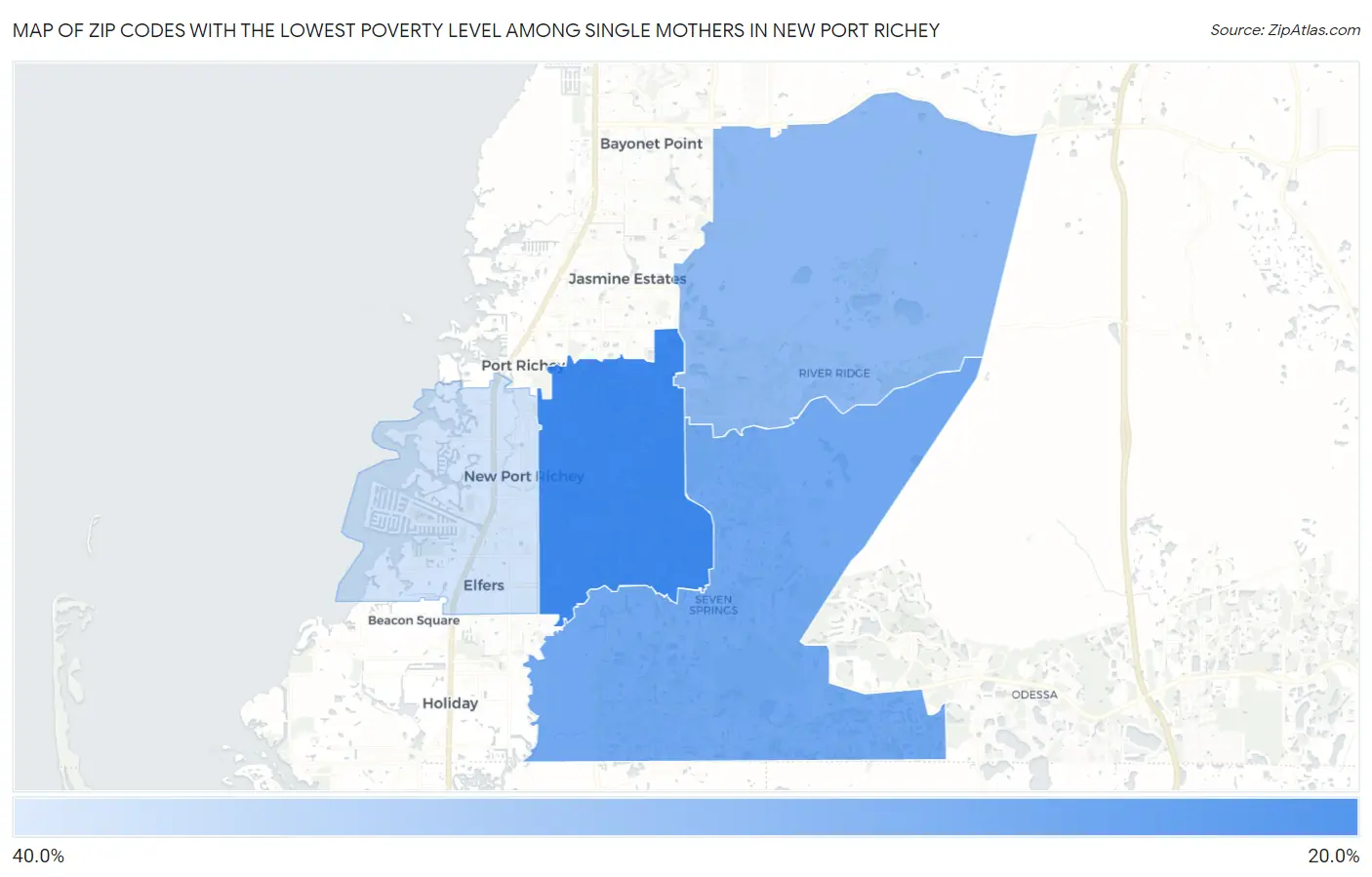 Zip Codes with the Lowest Poverty Level Among Single Mothers in New Port Richey Map