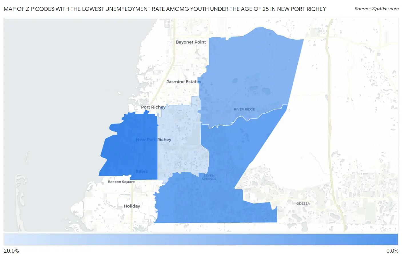 Zip Codes with the Lowest Unemployment Rate Amomg Youth Under the Age of 25 in New Port Richey Map