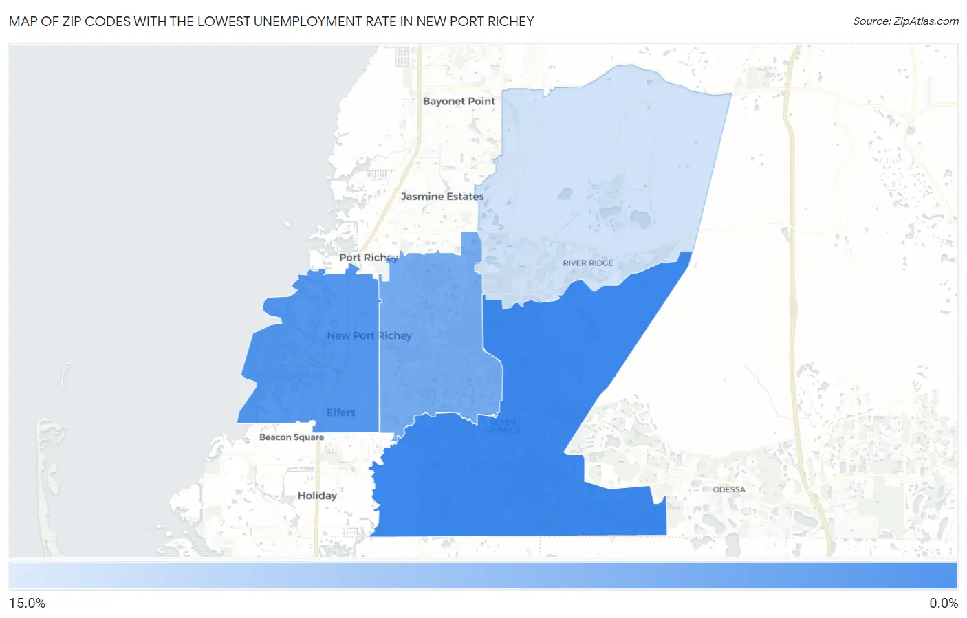 Zip Codes with the Lowest Unemployment Rate in New Port Richey Map