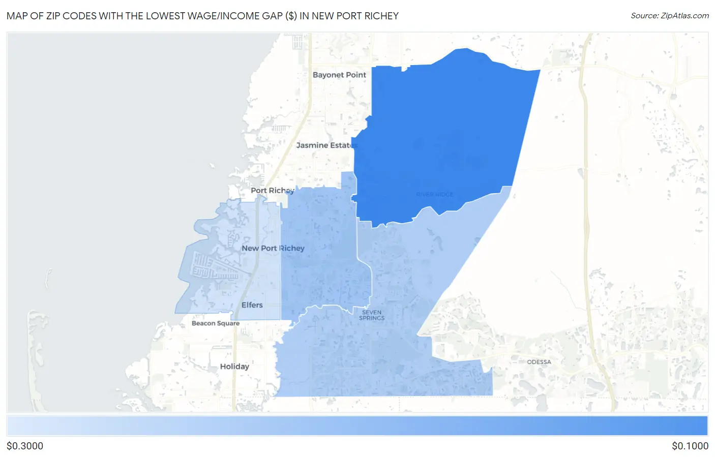 Zip Codes with the Lowest Wage/Income Gap ($) in New Port Richey Map