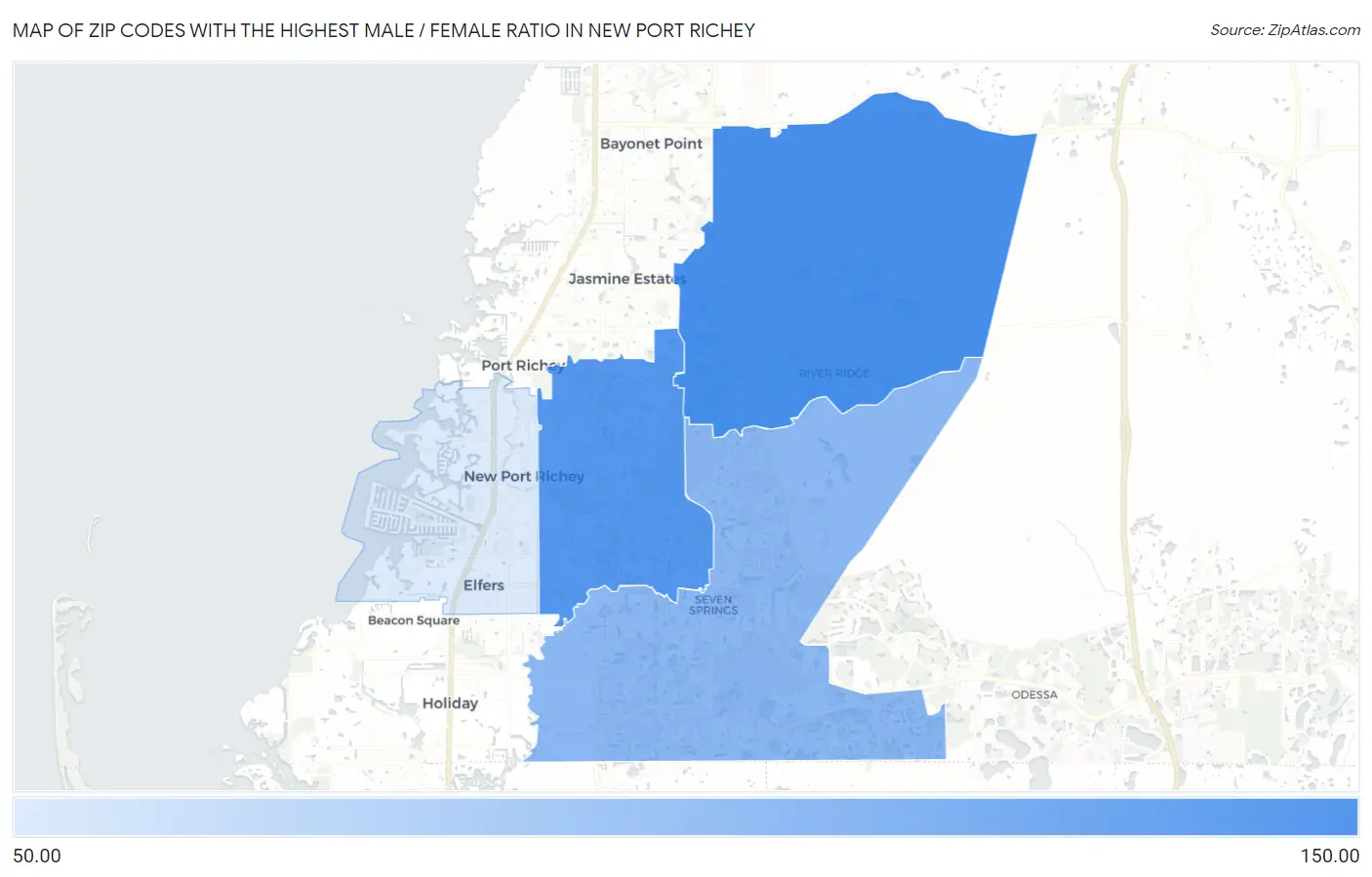 Zip Codes with the Highest Male / Female Ratio in New Port Richey Map
