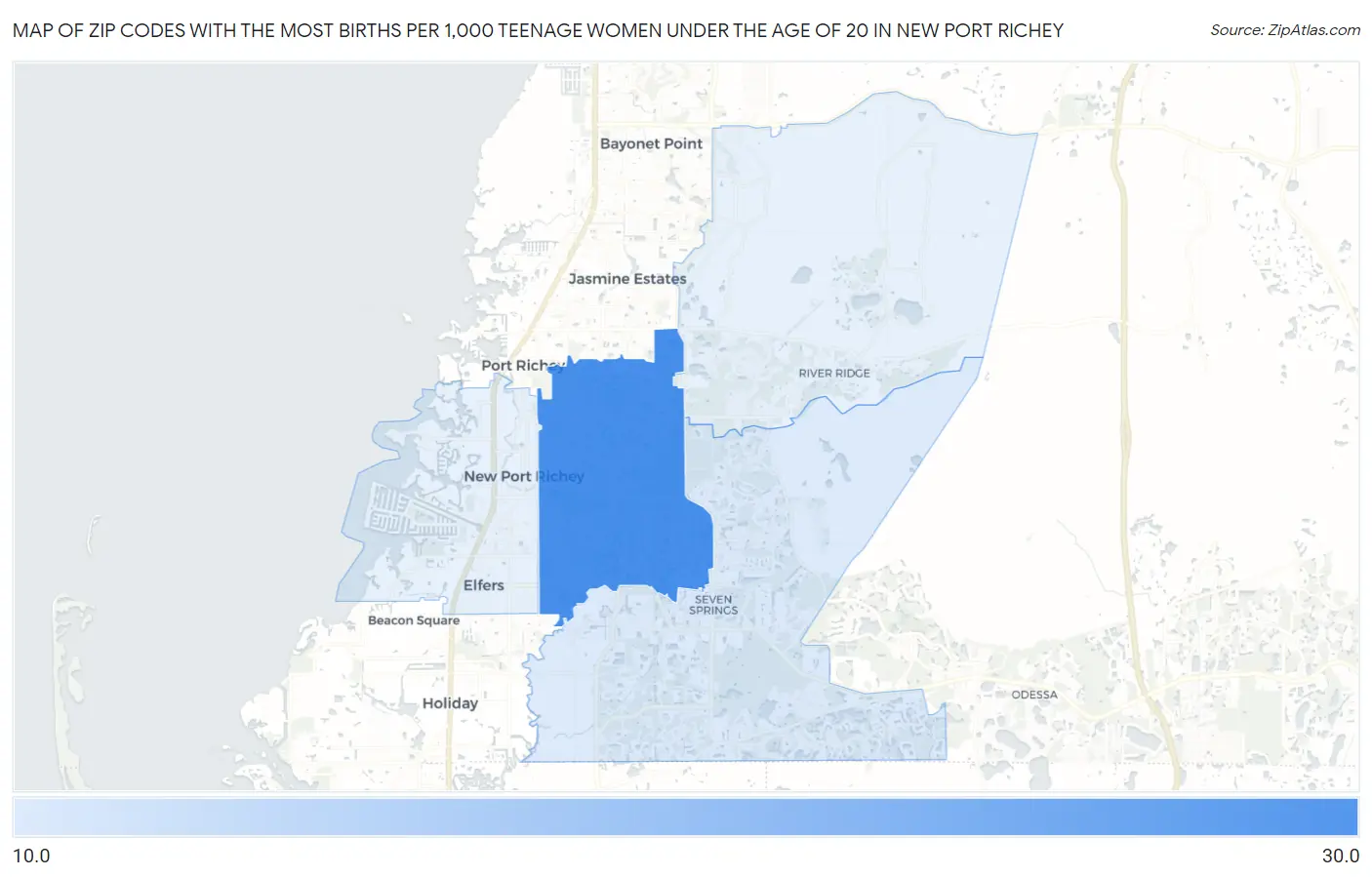 Zip Codes with the Most Births per 1,000 Teenage Women Under the Age of 20 in New Port Richey Map