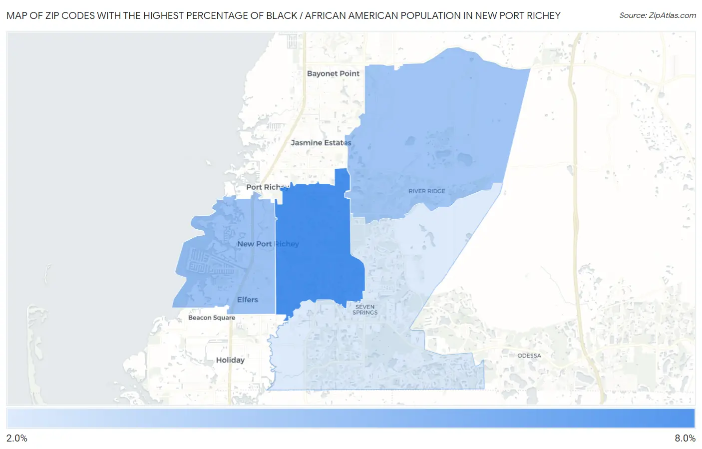 Zip Codes with the Highest Percentage of Black / African American Population in New Port Richey Map