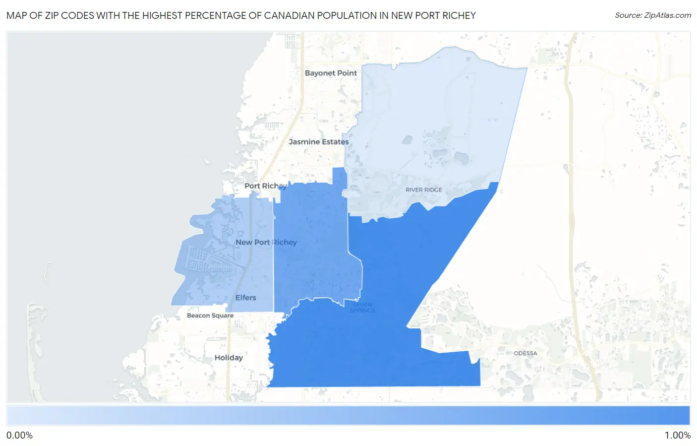 Zip Codes with the Highest Percentage of Canadian Population in New Port Richey Map