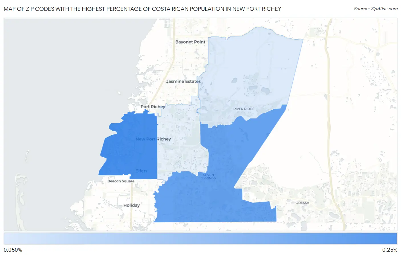 Zip Codes with the Highest Percentage of Costa Rican Population in New Port Richey Map
