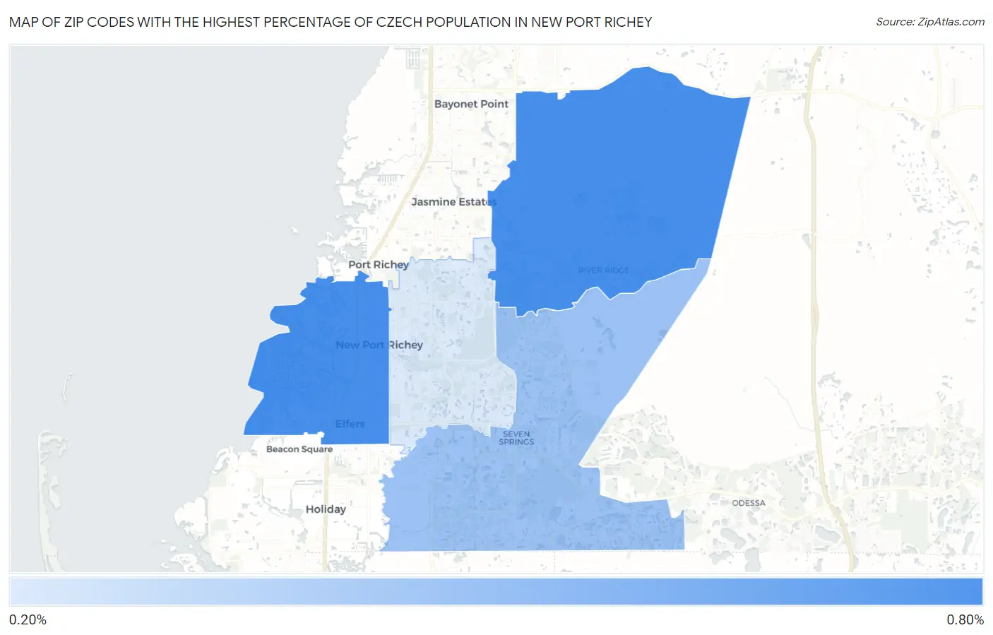 Zip Codes with the Highest Percentage of Czech Population in New Port Richey Map