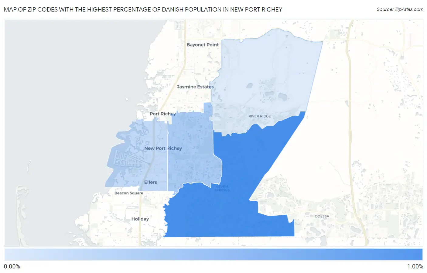 Zip Codes with the Highest Percentage of Danish Population in New Port Richey Map