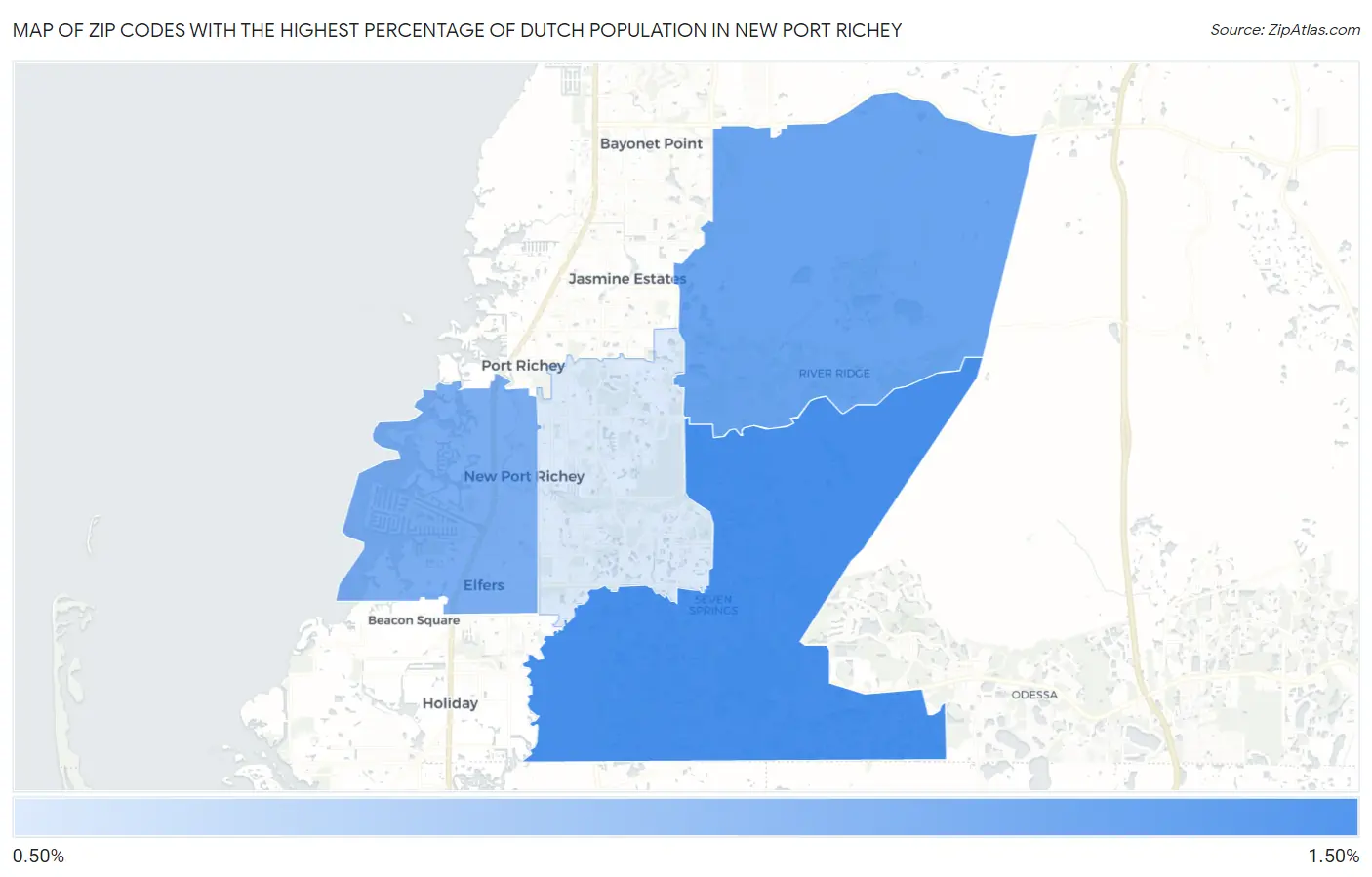 Zip Codes with the Highest Percentage of Dutch Population in New Port Richey Map