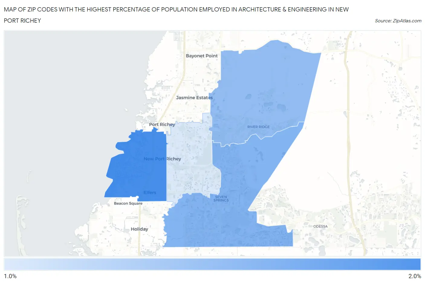 Zip Codes with the Highest Percentage of Population Employed in Architecture & Engineering in New Port Richey Map