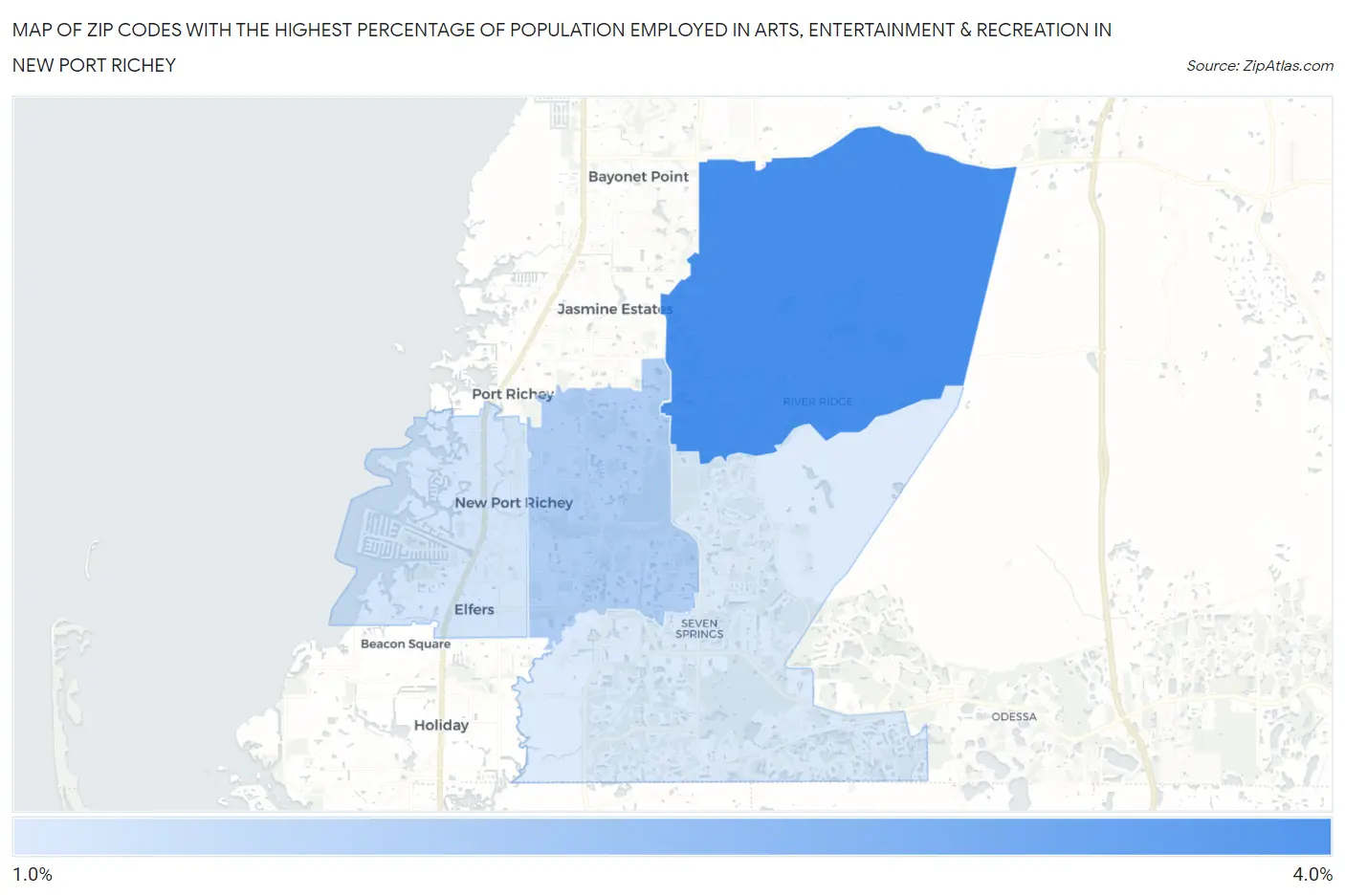 Zip Codes with the Highest Percentage of Population Employed in Arts, Entertainment & Recreation in New Port Richey Map
