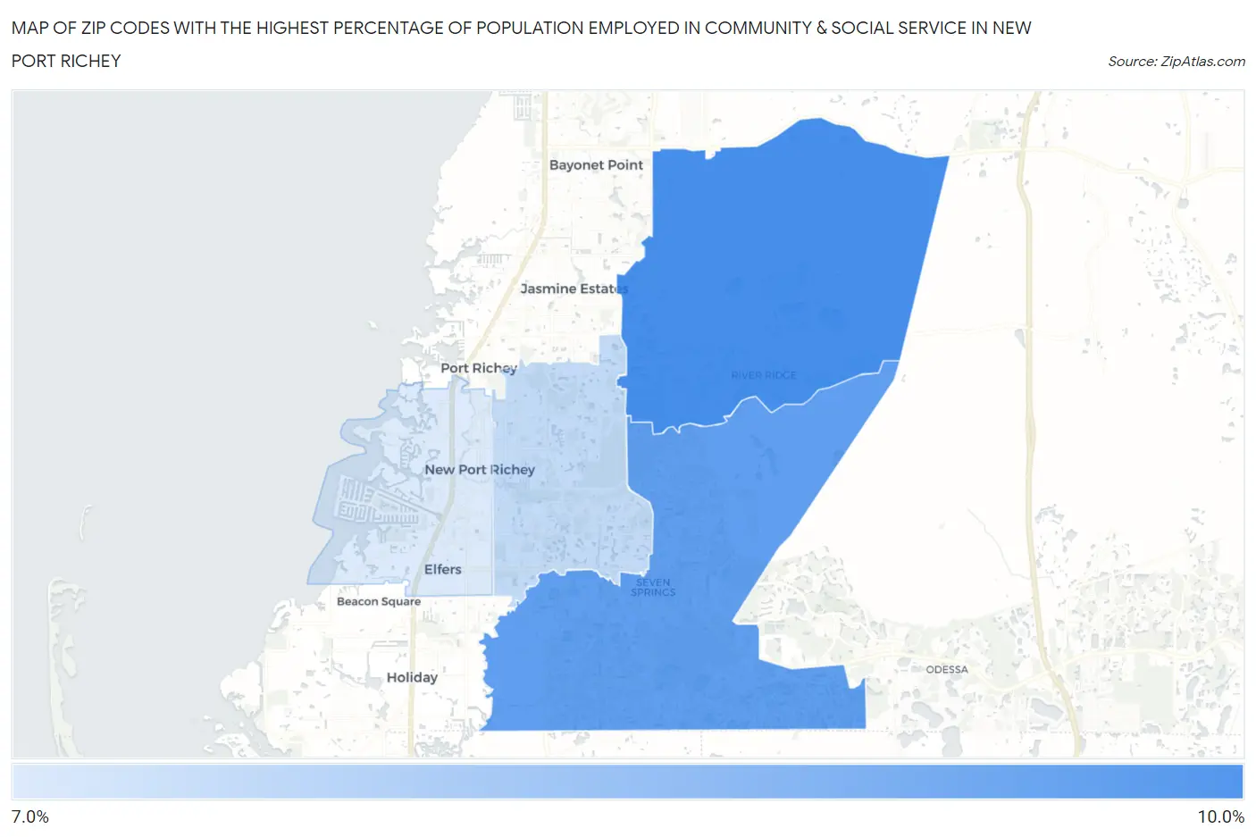 Zip Codes with the Highest Percentage of Population Employed in Community & Social Service  in New Port Richey Map
