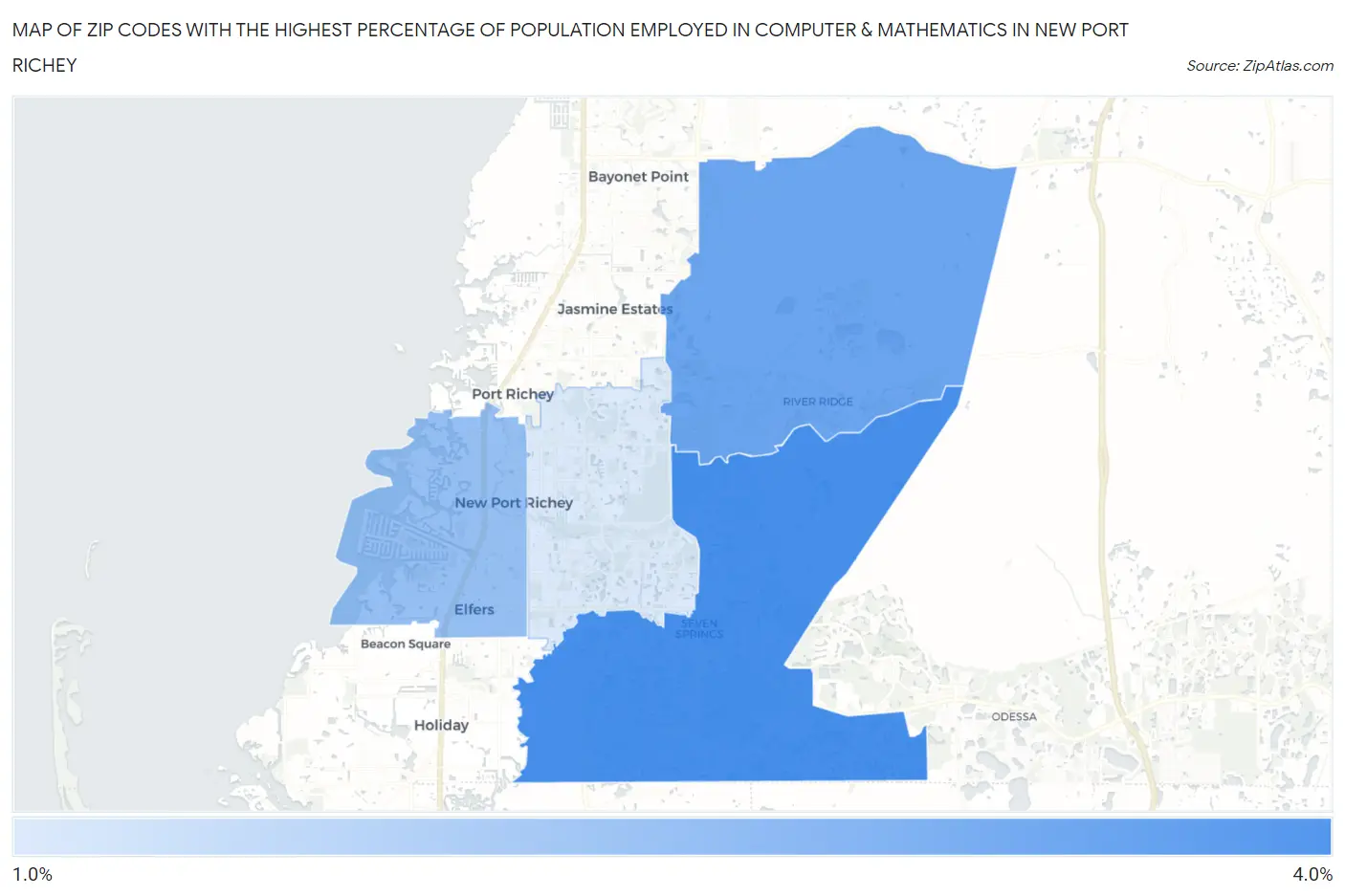 Zip Codes with the Highest Percentage of Population Employed in Computer & Mathematics in New Port Richey Map