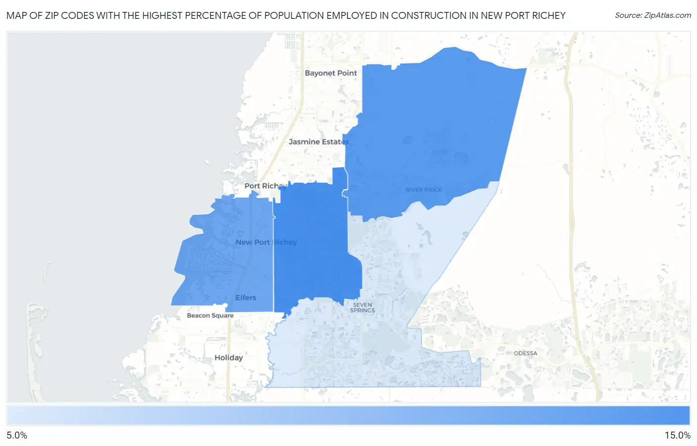 Zip Codes with the Highest Percentage of Population Employed in Construction in New Port Richey Map