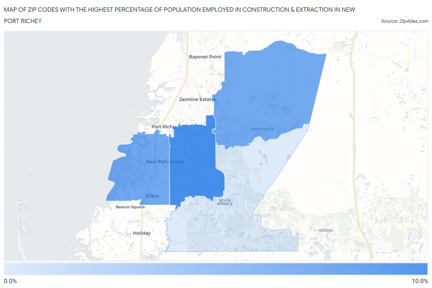 Zip Codes with the Highest Percentage of Population Employed in Construction & Extraction in New Port Richey Map