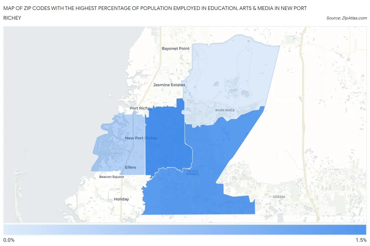Zip Codes with the Highest Percentage of Population Employed in Education, Arts & Media in New Port Richey Map