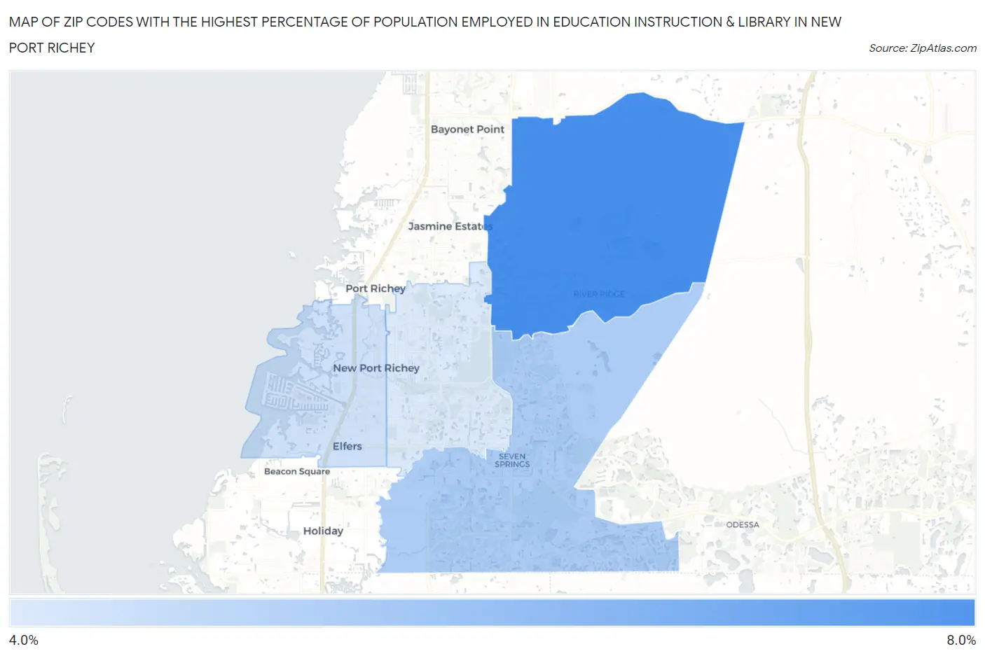 Zip Codes with the Highest Percentage of Population Employed in Education Instruction & Library in New Port Richey Map