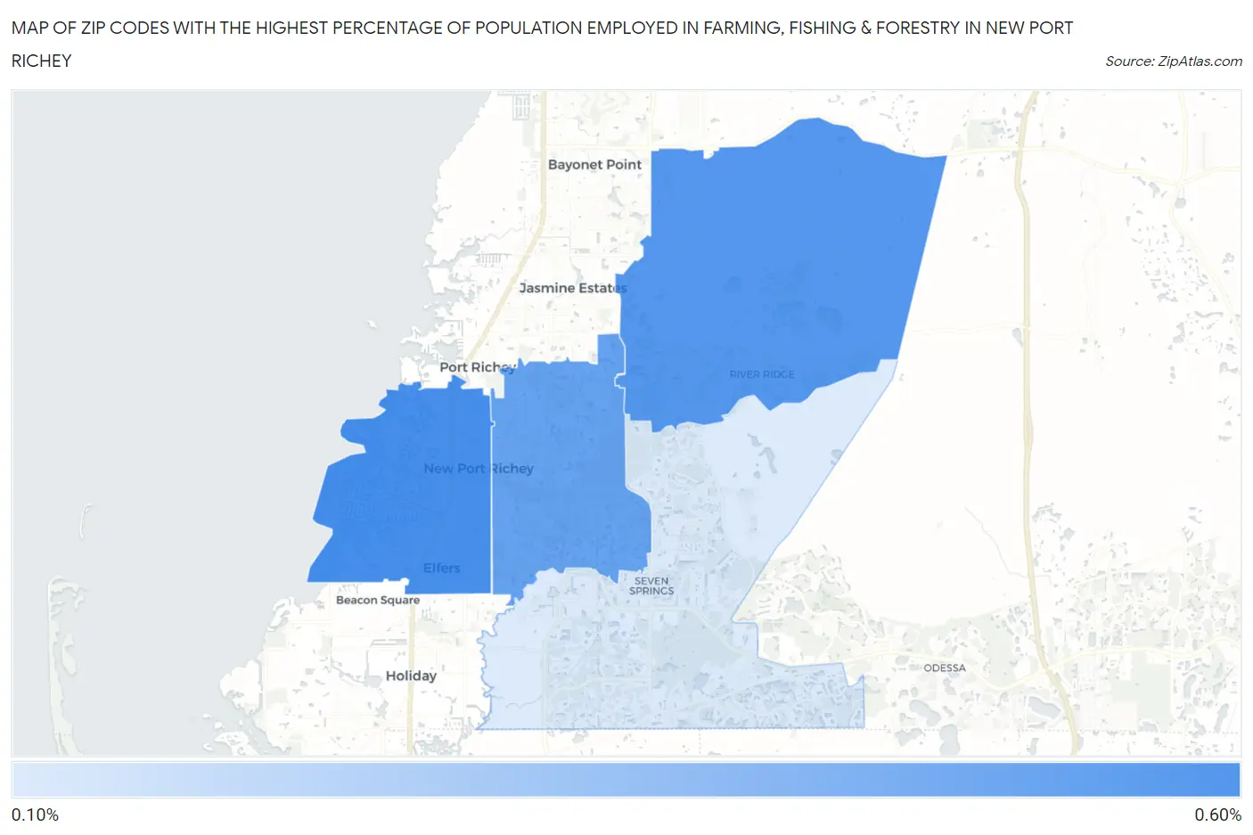 Zip Codes with the Highest Percentage of Population Employed in Farming, Fishing & Forestry in New Port Richey Map