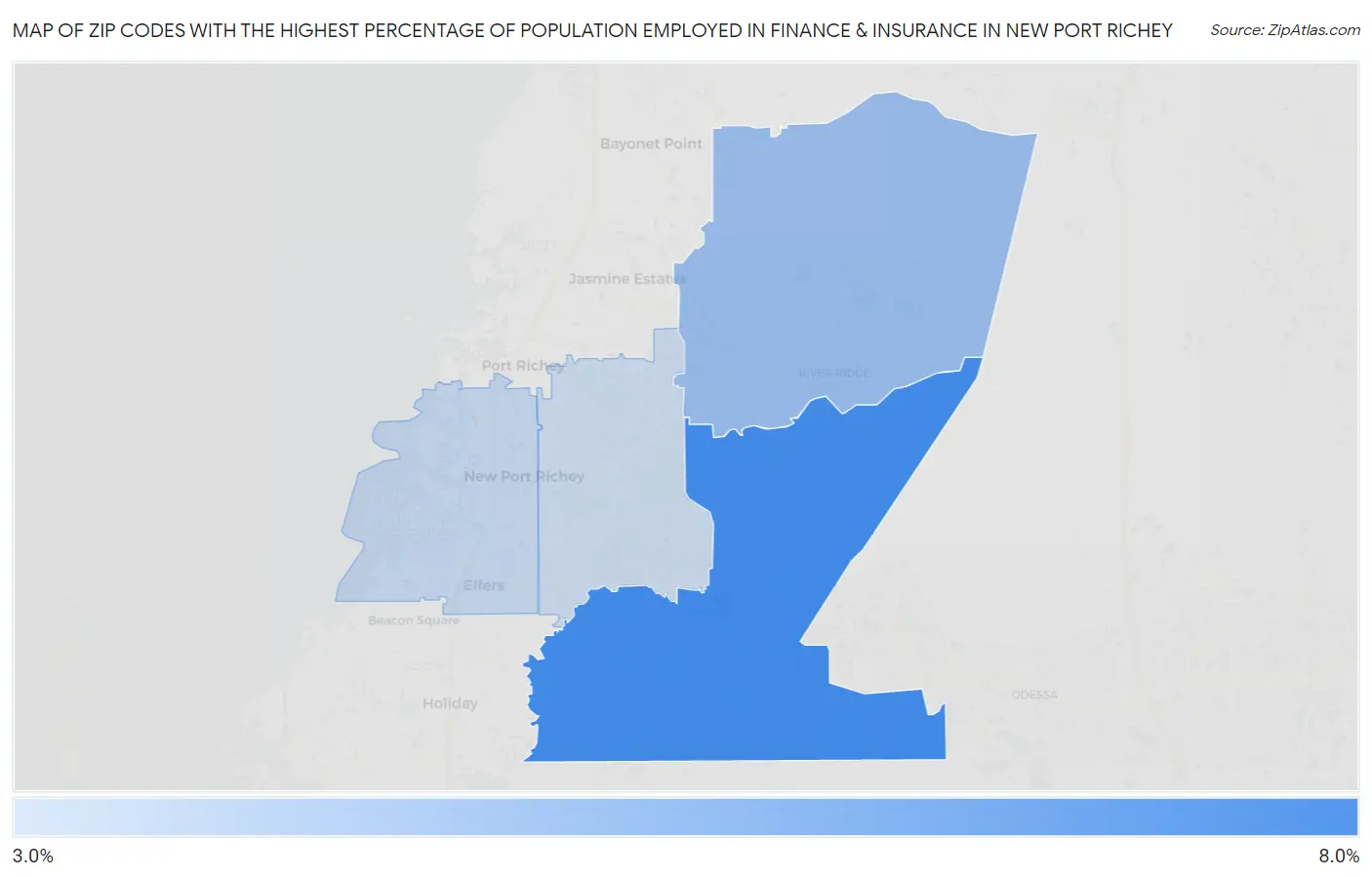 Zip Codes with the Highest Percentage of Population Employed in Finance & Insurance in New Port Richey Map