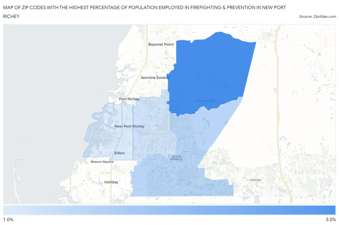 Zip Codes with the Highest Percentage of Population Employed in Firefighting & Prevention in New Port Richey Map