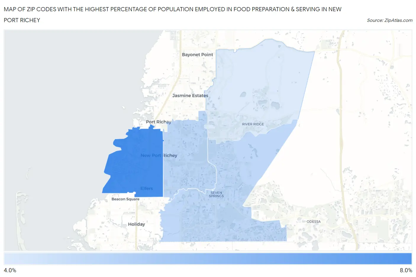 Zip Codes with the Highest Percentage of Population Employed in Food Preparation & Serving in New Port Richey Map