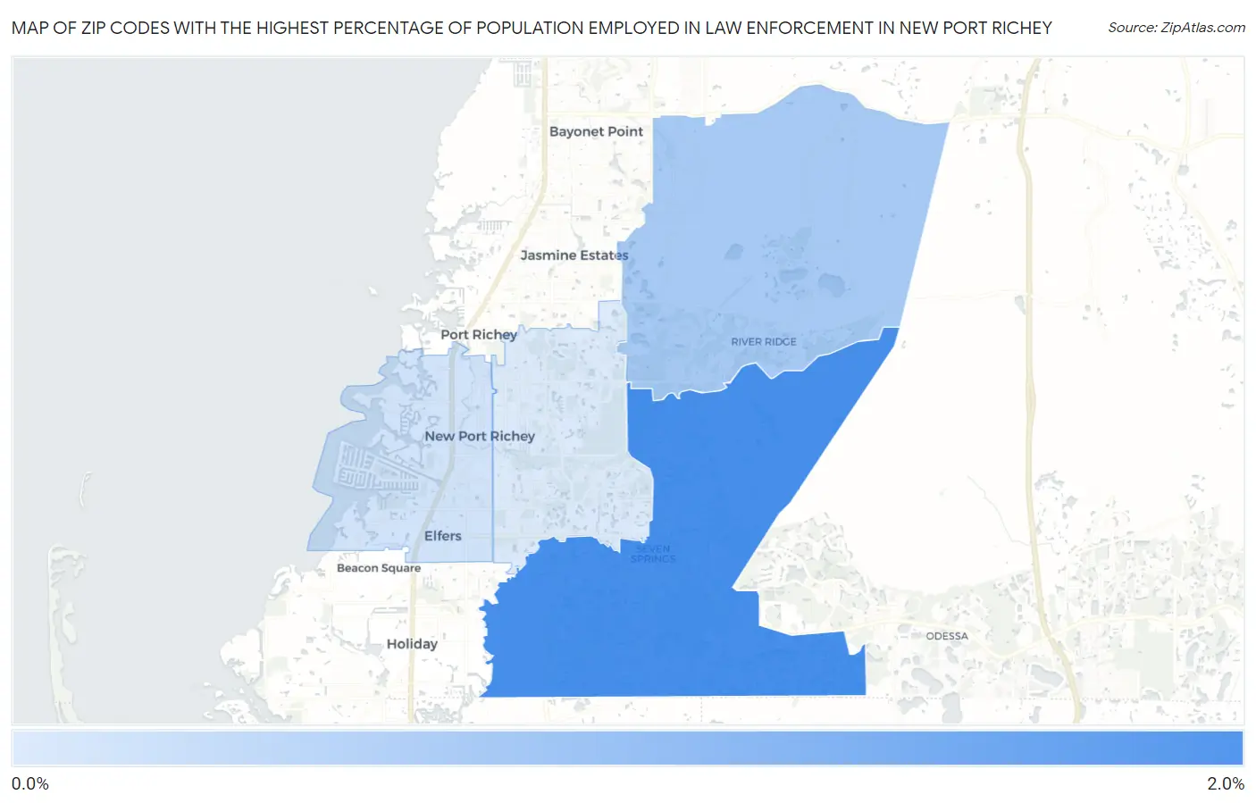 Zip Codes with the Highest Percentage of Population Employed in Law Enforcement in New Port Richey Map