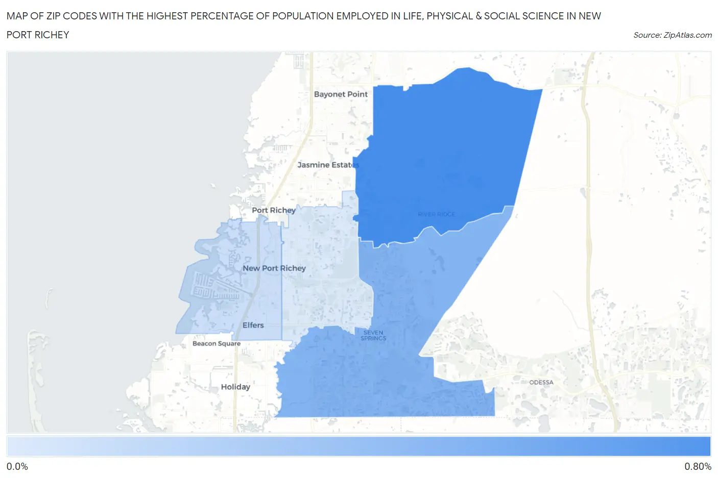 Zip Codes with the Highest Percentage of Population Employed in Life, Physical & Social Science in New Port Richey Map