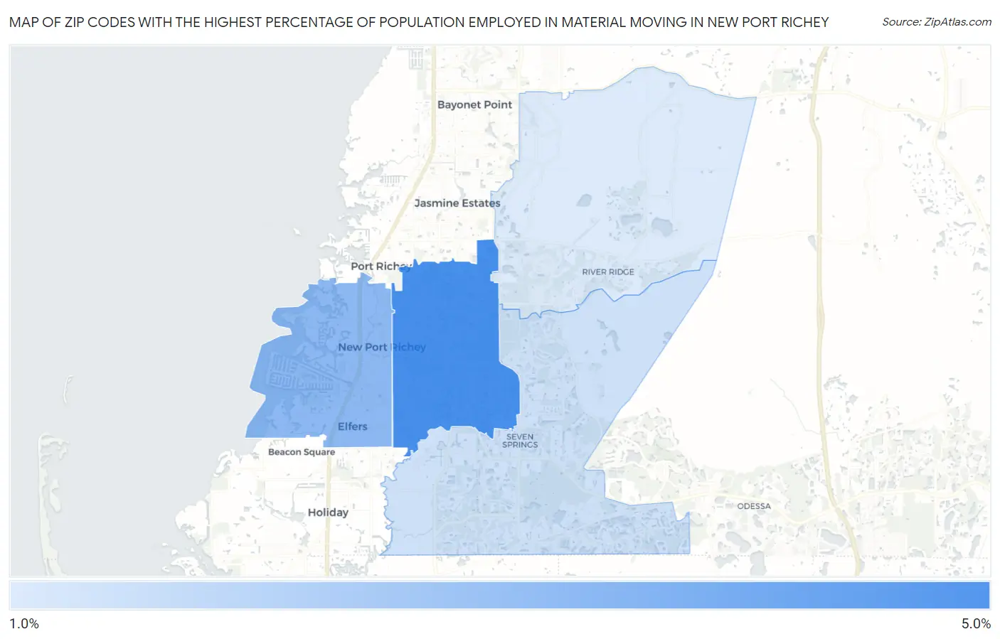 Zip Codes with the Highest Percentage of Population Employed in Material Moving in New Port Richey Map