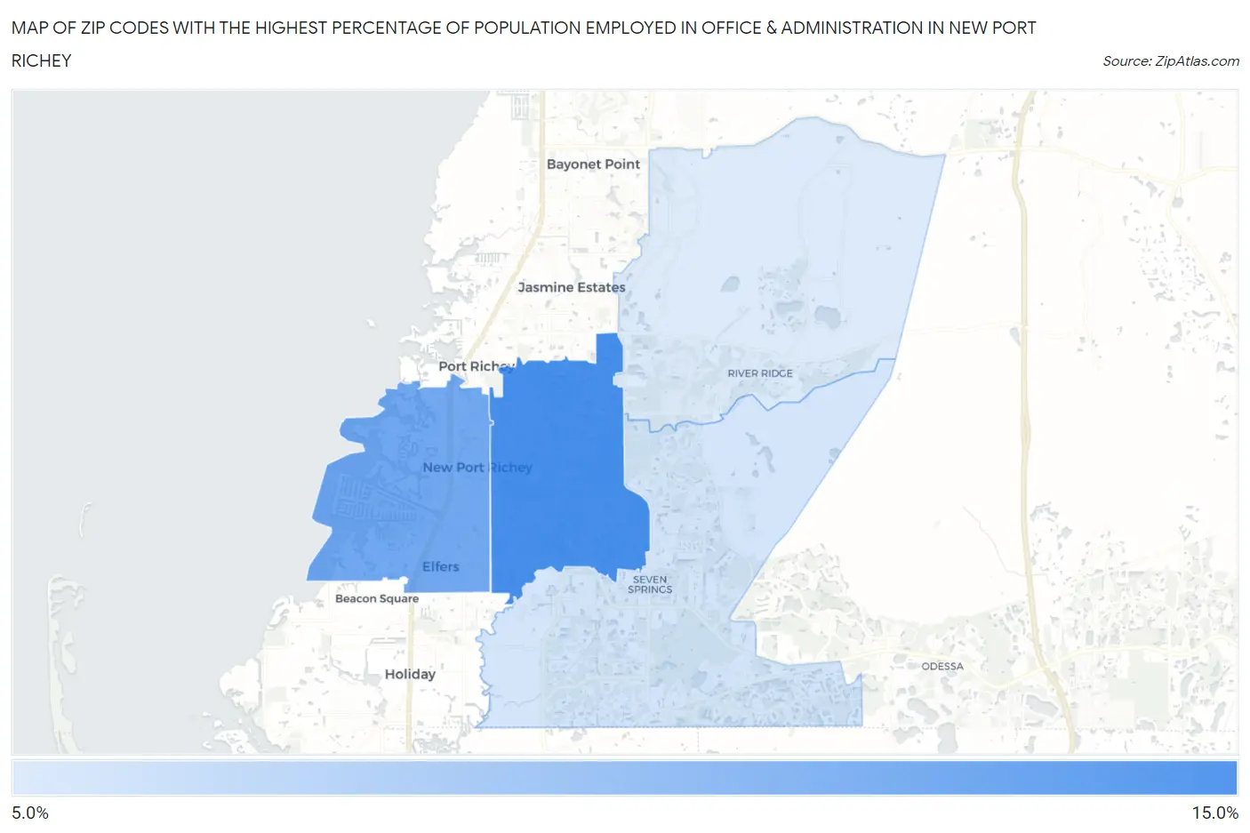 Zip Codes with the Highest Percentage of Population Employed in Office & Administration in New Port Richey Map