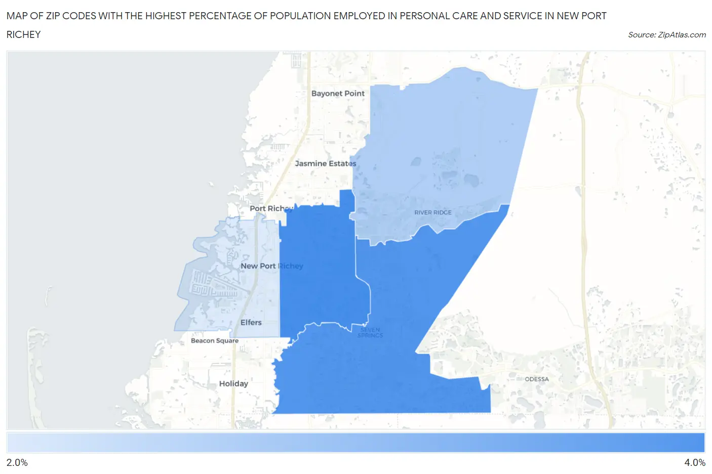 Zip Codes with the Highest Percentage of Population Employed in Personal Care and Service in New Port Richey Map