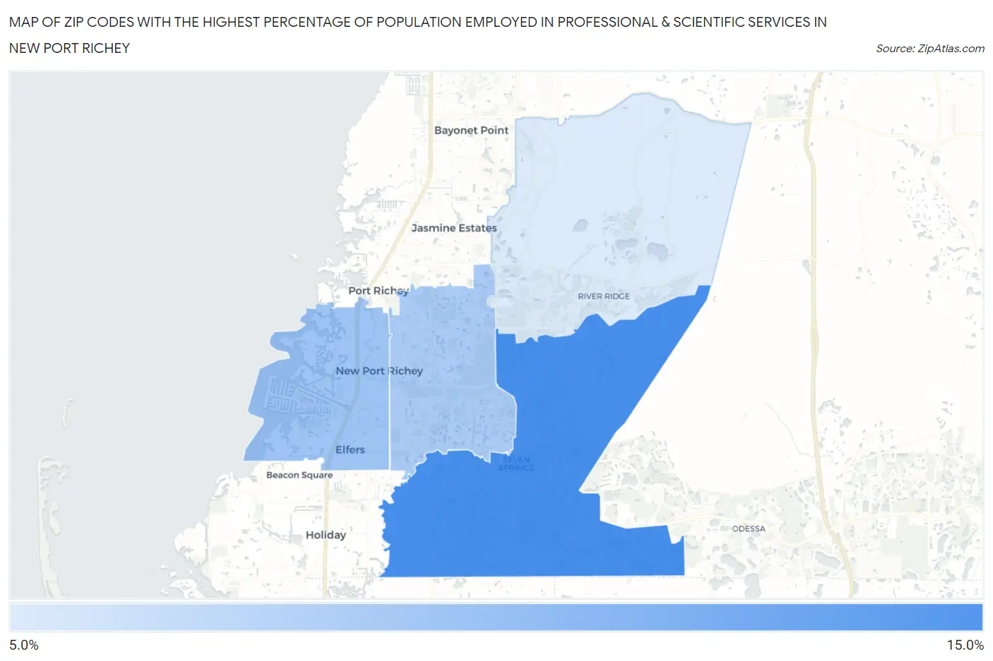 Zip Codes with the Highest Percentage of Population Employed in Professional & Scientific Services in New Port Richey Map