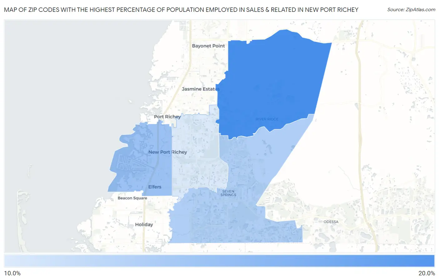 Zip Codes with the Highest Percentage of Population Employed in Sales & Related in New Port Richey Map