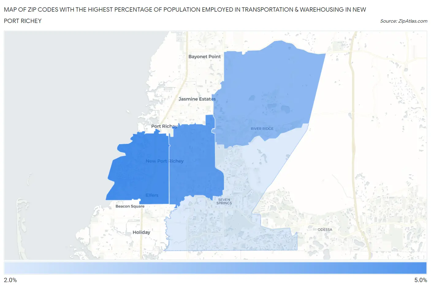 Zip Codes with the Highest Percentage of Population Employed in Transportation & Warehousing in New Port Richey Map