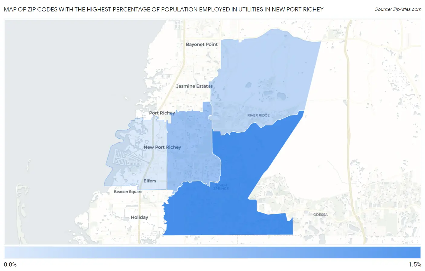 Zip Codes with the Highest Percentage of Population Employed in Utilities in New Port Richey Map