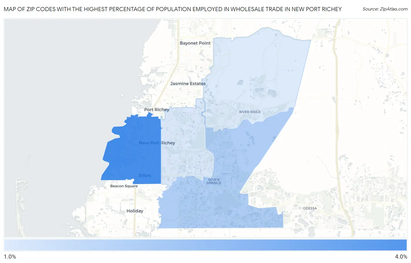 Zip Codes with the Highest Percentage of Population Employed in Wholesale Trade in New Port Richey Map
