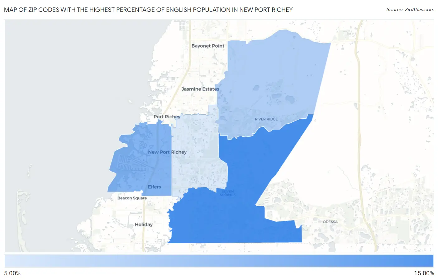 Zip Codes with the Highest Percentage of English Population in New Port Richey Map