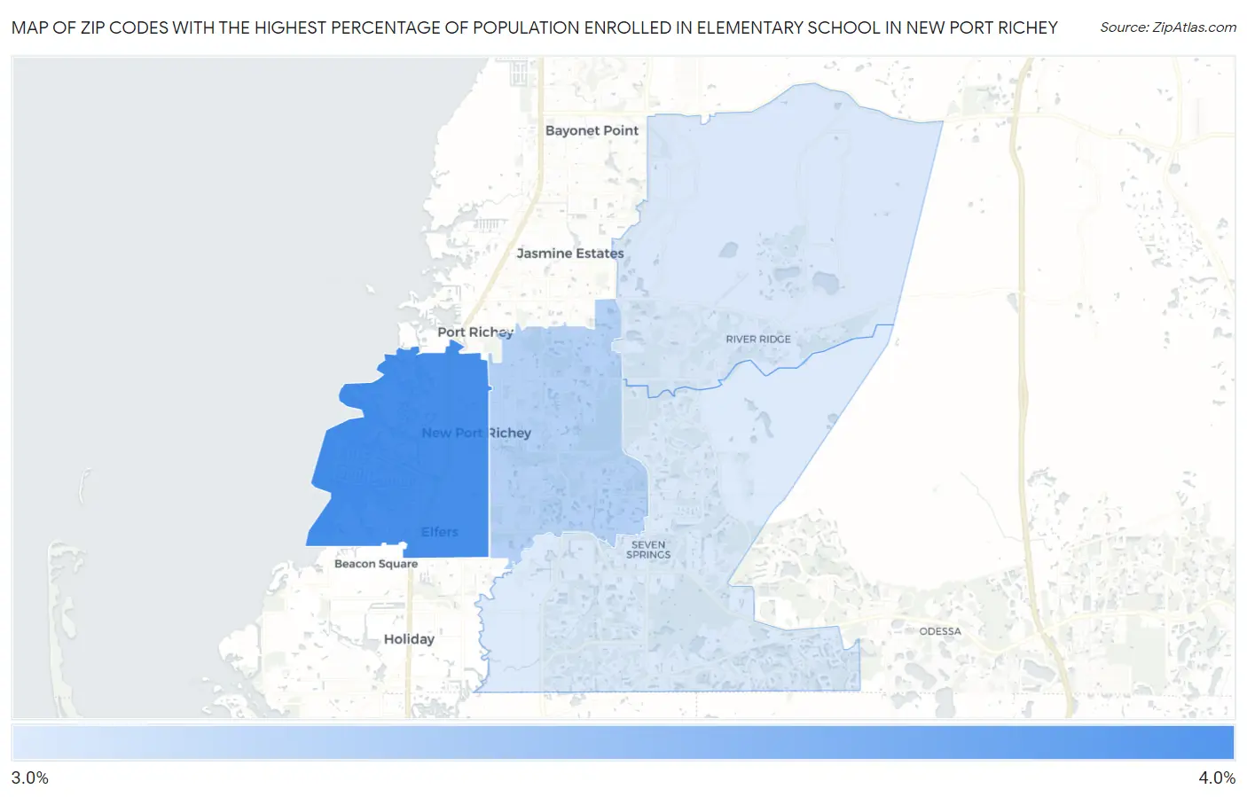 Zip Codes with the Highest Percentage of Population Enrolled in Elementary School in New Port Richey Map