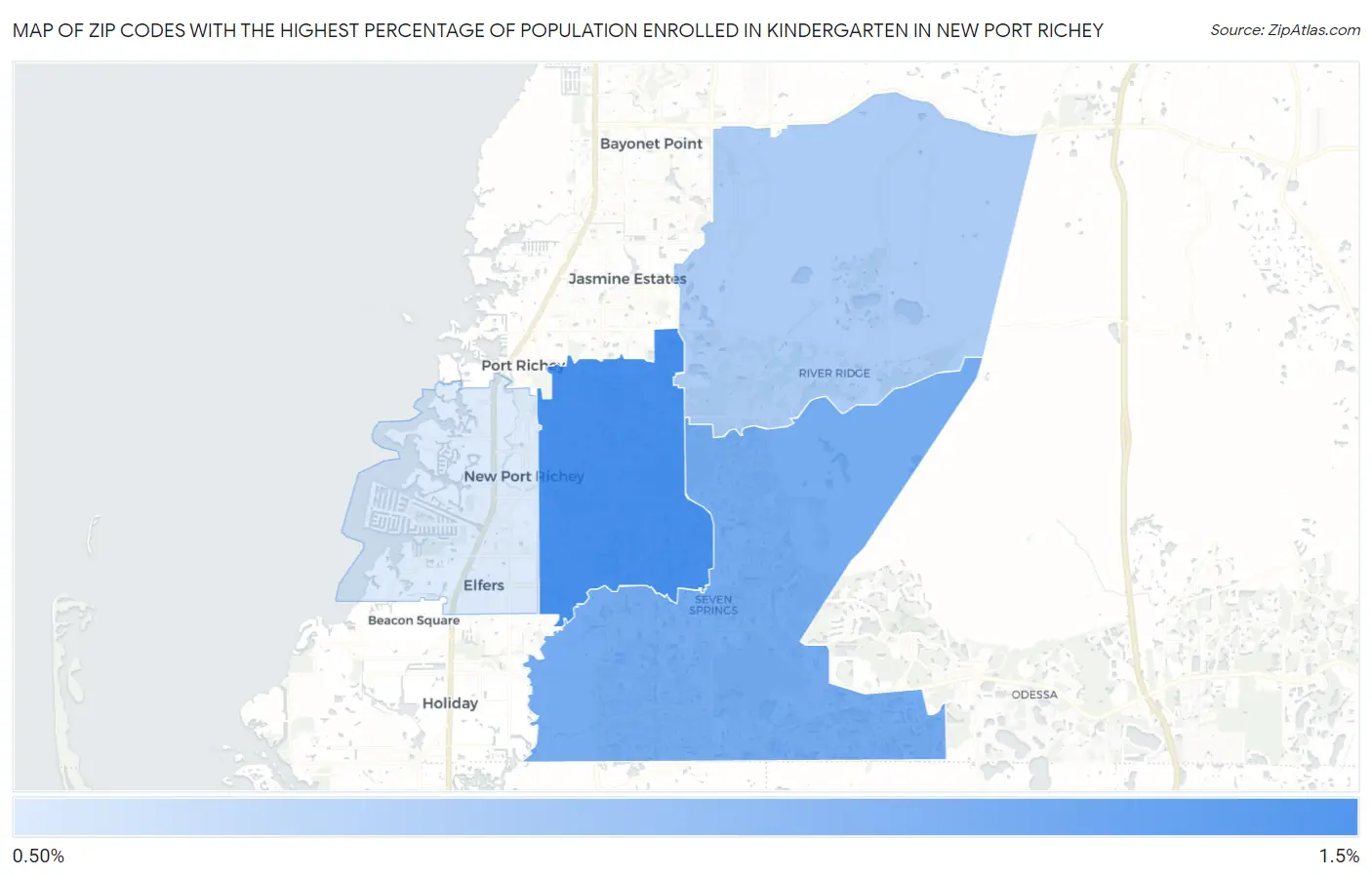 Zip Codes with the Highest Percentage of Population Enrolled in Kindergarten in New Port Richey Map