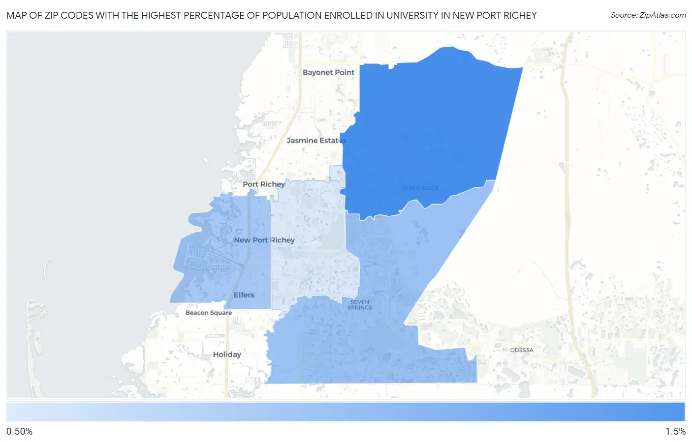 Zip Codes with the Highest Percentage of Population Enrolled in University in New Port Richey Map