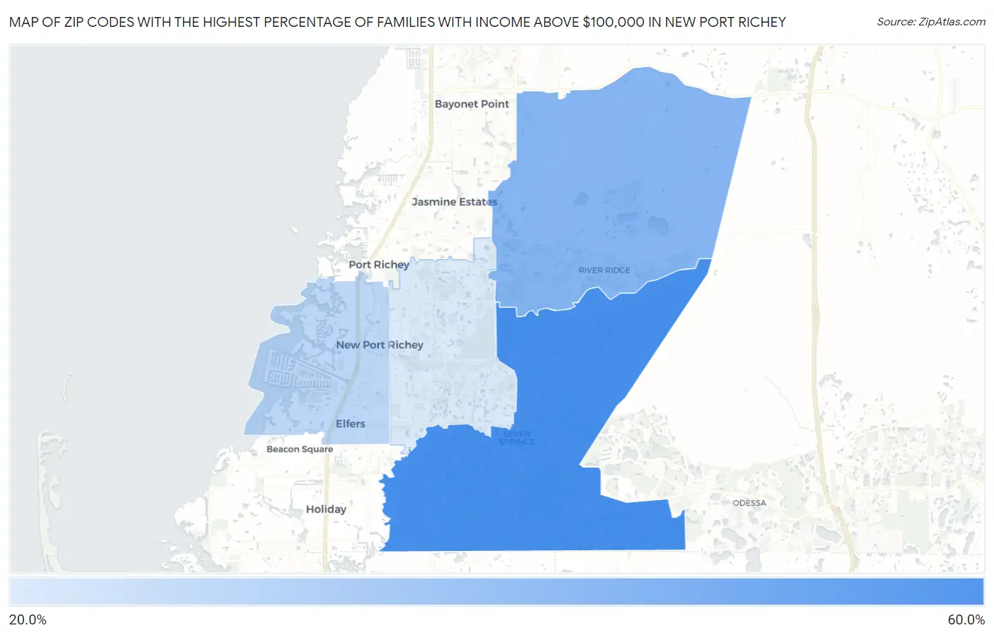 Zip Codes with the Highest Percentage of Families with Income Above $100,000 in New Port Richey Map