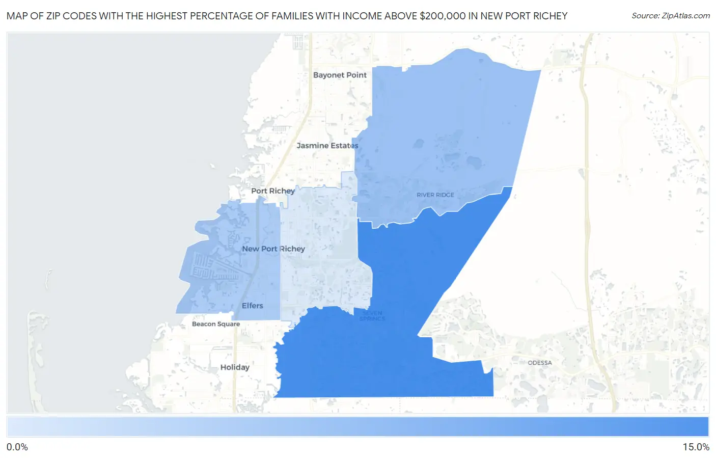 Zip Codes with the Highest Percentage of Families with Income Above $200,000 in New Port Richey Map