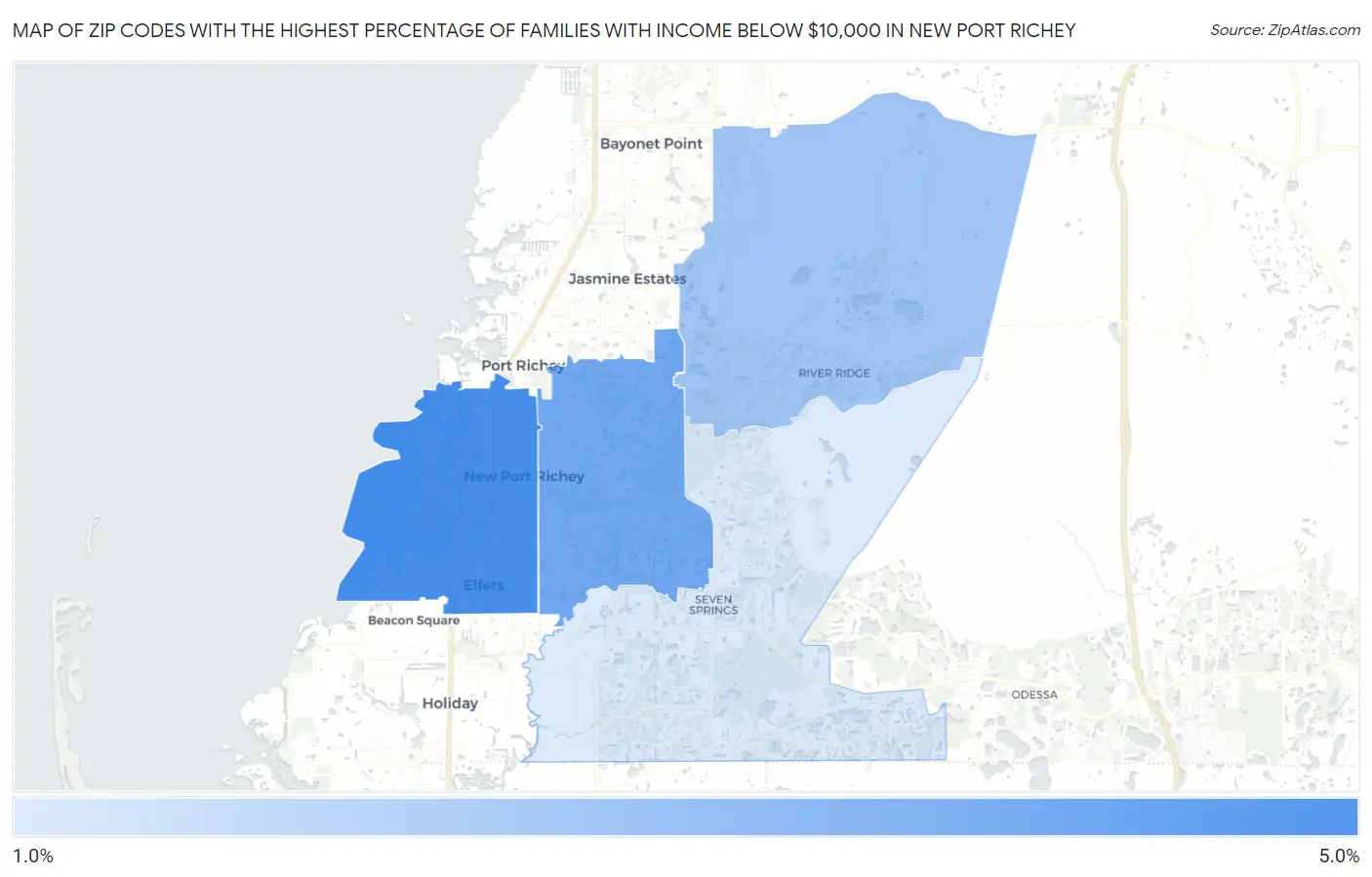 Zip Codes with the Highest Percentage of Families with Income Below $10,000 in New Port Richey Map