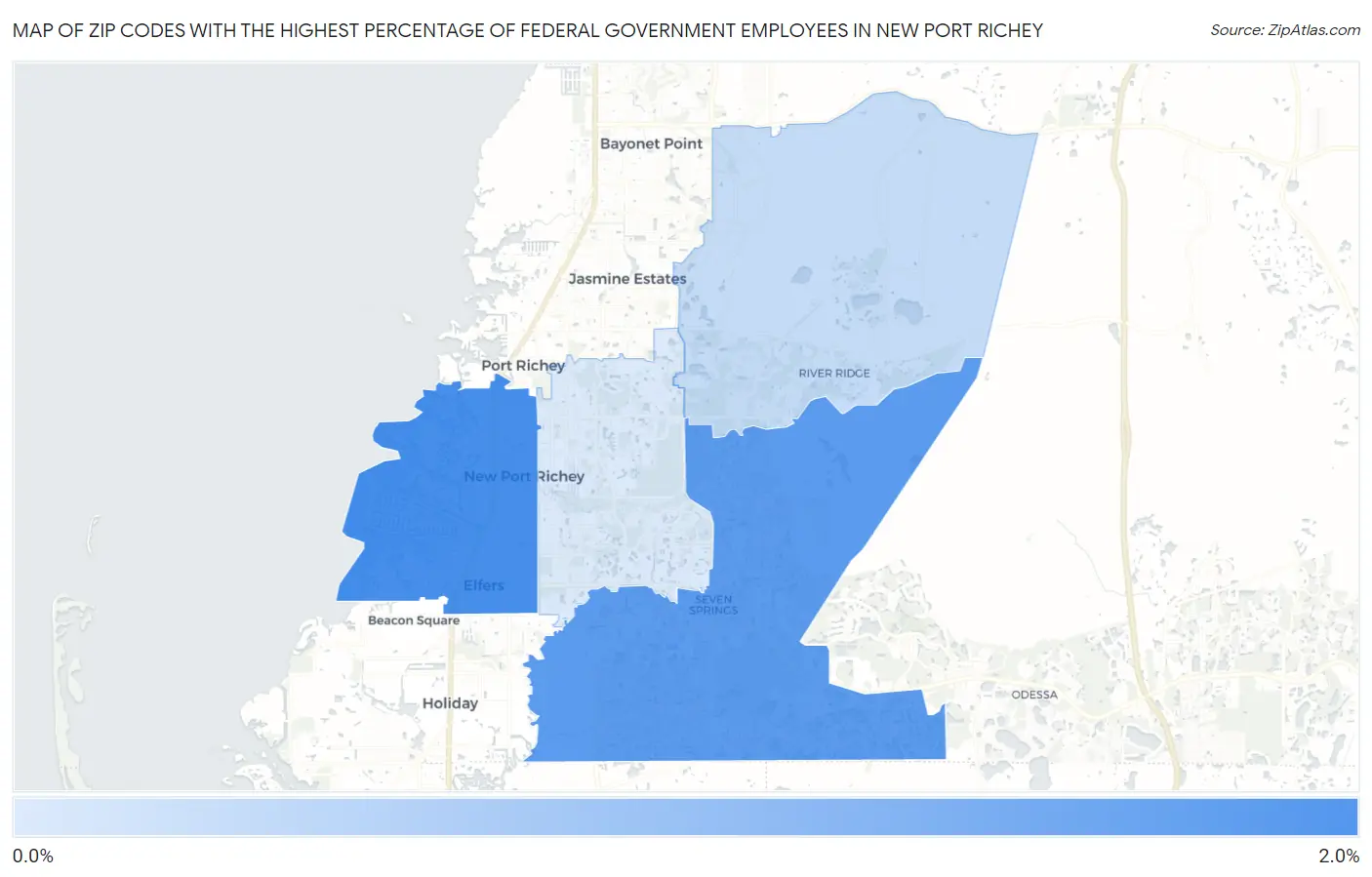 Zip Codes with the Highest Percentage of Federal Government Employees in New Port Richey Map