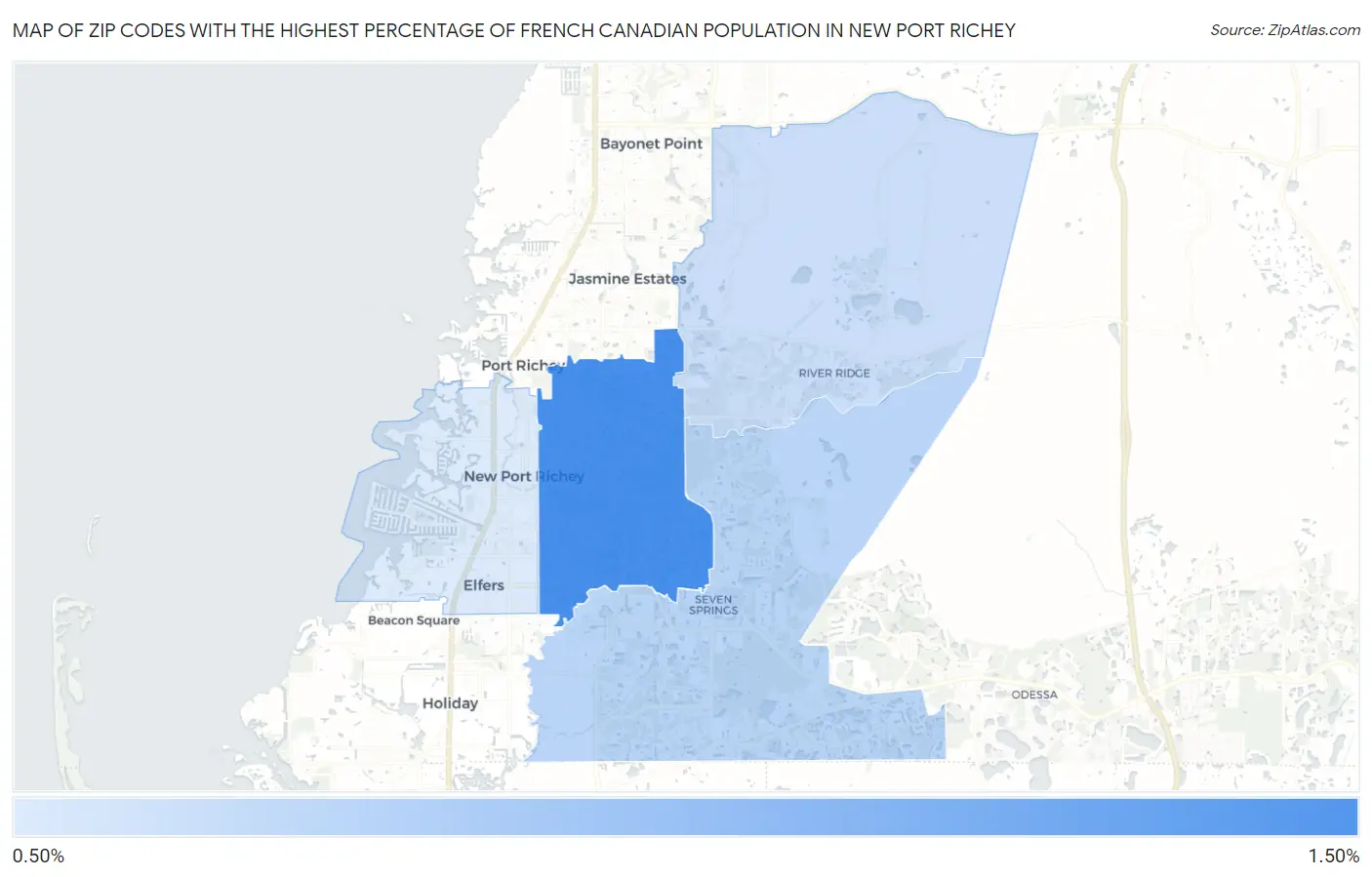 Zip Codes with the Highest Percentage of French Canadian Population in New Port Richey Map